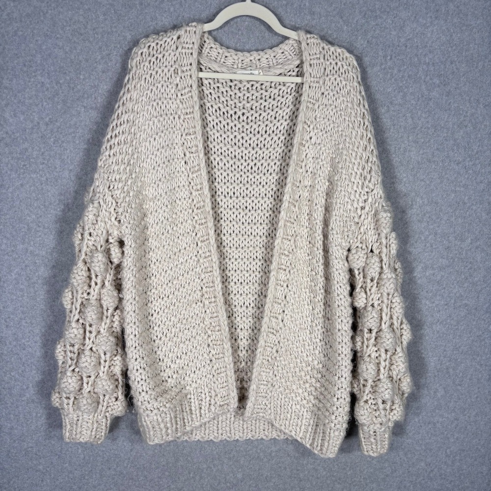 Chunky Knit Cardigan Sweater M/L Cream Pom Pom Bubble Sleeve Oversized Cozy Boho